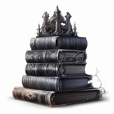 Create an impressive clipart of a clean, dark wizard's book stack on a pure white background. The design should incorporate elements of the gothic and fantasy genres, with dark hues and ornate designs on the books' spines. The lighting should be moody and shadowy, with a focus on the intricate details of the books' covers. The book stack should be perfectly symmetrical to create a sense of order and balance. Use a macro lens to capture the intricate details of the books' designs and play with th