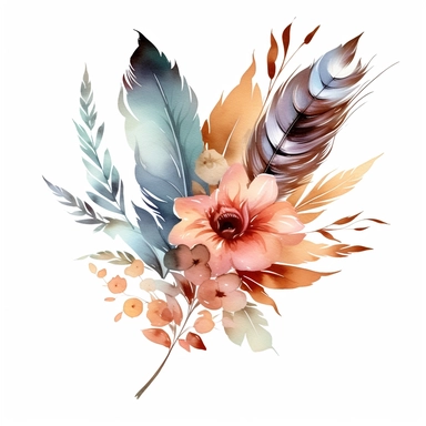 watercolor, single bunch of rustic flowers with feathers, bottom left-hand corner scroll ideal for wedding stationery, clipart