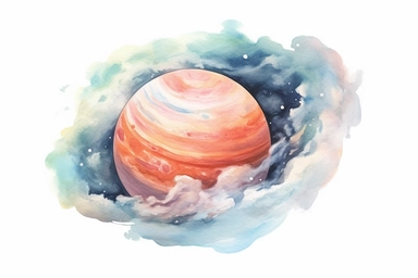 Watercolor, Design a gas giant with swirling storms and colorful bands of clouds clipart, hd, on a white background, spaced out