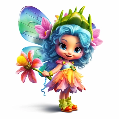 A 3D brightly colored cartoon character design of a tiny fairy with butterfly wings, wearing a flower dress, and a wand, with high detail, clipart stickers