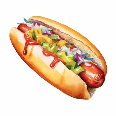 watercolour hot dog, clipart on white background, no watermark, highly detailed, professional color gradation, clean sharpness