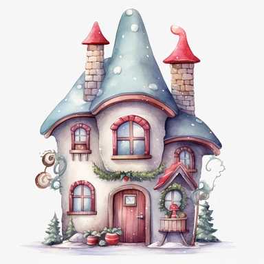 A watercolor painting of cute christmas house, christmas elf house, christmas house, cute detailed digital art, inspired by nicoletta ceccoli, by Kubisi art, whimsical and cute, by nicoletta ceccoli, cute detailed artwork, glimmering, adorable and whimsical, whimsical art, Clipart style, png style, svg style, blank white background, a solid white background