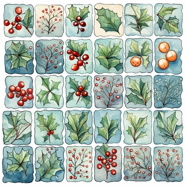 Watercolor line art, little squares filled with doodly patterns of  xmas ,ornaments and decorations , illustrations clipart set, simple, christmas colors , cartoon elements, different variants , stocking, bubble ornaments, mistletoe, holly, wreath, modern art, separate elements with a margin