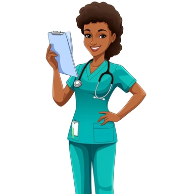 a white background of clip art of A caring nurse in colorful scrubs holding a clipboard.