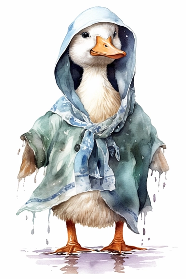 detailed watercolor illustration of cute and adorable goose wearing a bonnet and shawl, paint splashes, anthropomorphic, model pose, clipart, plain isolated white background, 8k ultra detail high sharpness