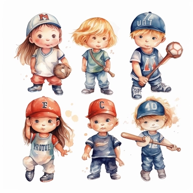 Watercolor cute little baseball players , illustrations clipart set, simple, christmas colors , cartoon elements ,different variants , separate elements with a margin, 4k, high resolution