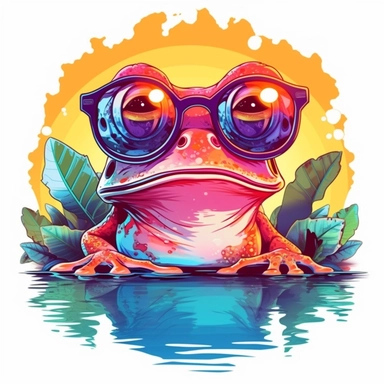 clipart, vector art, white background, frog wearing sunglasses, in a pond, vivid colours, sunset