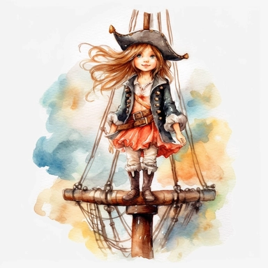 Cute little pirate girl standing on his pirate ship watercolor Clipart