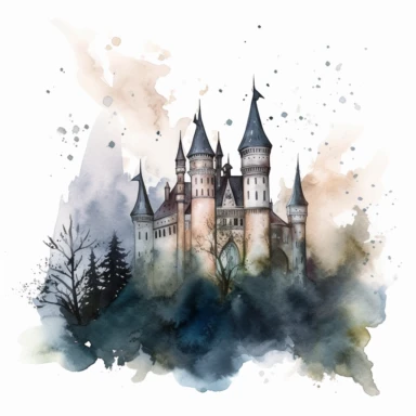 on a white background Illustrate a watercolor clipart of a gothic castle with soaring turrets, looming over a dark and misty forest. The clipart should have a haunting and mysterious feel, with a focus on the castle's intricate details