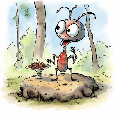 a humanoid looking Ant in water colour in the style of clip art, with big blue eyes lifting food, with humanoid features in the forest under a tree near his ant hill, ants in the background talking and singing