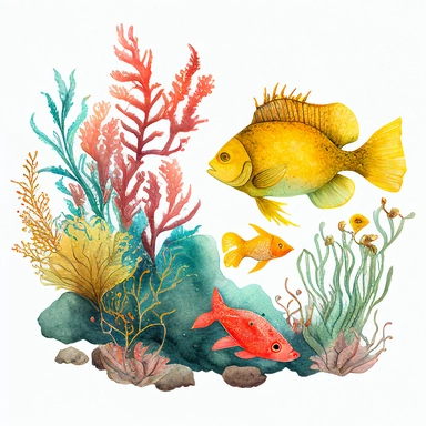vintage colorful watercolor coral reef clipart red lobster and yellow flounder transparent background