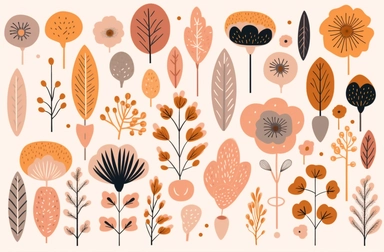 a collection of flowers and foliage clipart, in the style of organic shapes and curved lines, cute and dreamy, whimsical cartoonish, warm color palette, animated gifs, norwegian nature, whimsical doodles
