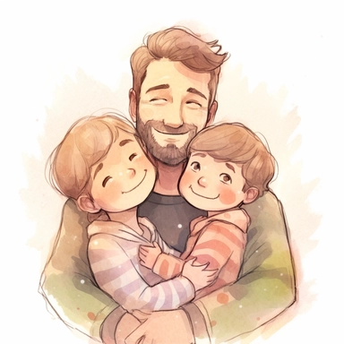 father hugging daughter and boy lovingly, smiling, Watercolor Clipart, HAPPY, strybk, full Illustration, chibi kawaii, sharp focus, watercolor, smooth soft skin, symmetrical, soft lighting, detailed face, concept art, muted colors, watercolor style, strybk, children's style fairy tales, Octane rendering, 3D, Perfect face, detailed face, delicate face, perfect sharp lips, detailed eyes. Craig Davison, Aubrey Beardsley, Conrad Roset, Aikut Aidogdu, Agnes Cecil, 8k