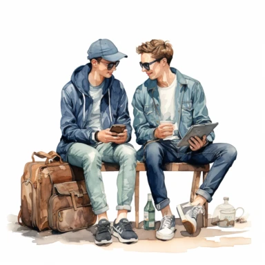 Travel Watercolor Clipart, two young men, best friends, drinking coffee ,19 blue themed, single object, isolated on white background, highly detailed, hand painted watercolor illustration by Cath Kidston, Emma Bridgewater, png transparent background, white background for removing background - - no text shadow font watermark