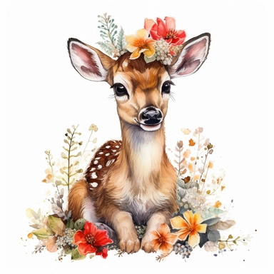 adorable baby deer, full body With Flower Wreaths vibrant colors, red mushroom, outline black, highly detailed, watercolor clipart white backround
