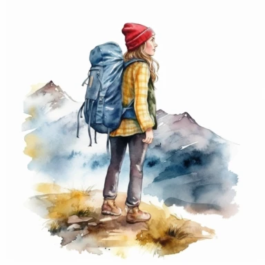 watercolor hiking girl on mountain clipart, isolated on white background