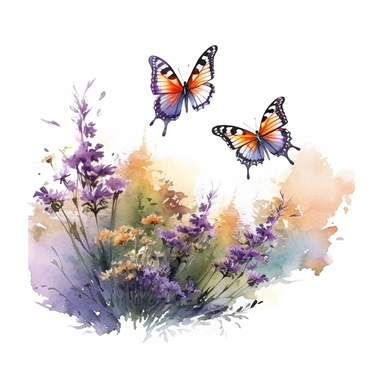 watercolor style butterflies flying in botanical landscape isolated on white background clipart