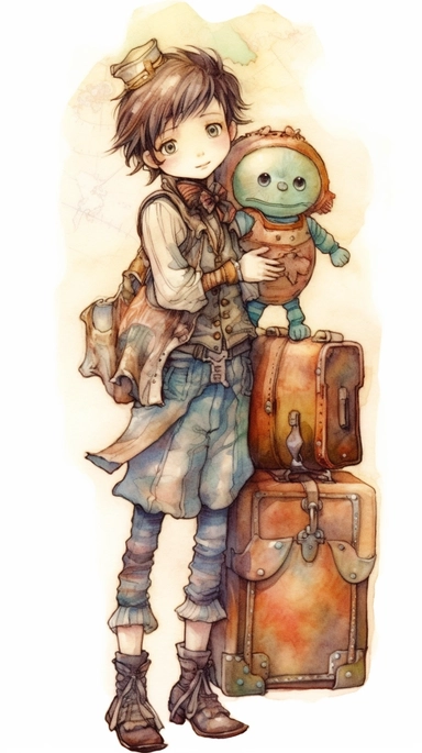 watercolor steampunk girl entire body and steampunk boy entire body with a steampunk suitcase by her side and holding a cute steampunk doll in her arms, illustration clipart by holly hobbie and mary engelbreit