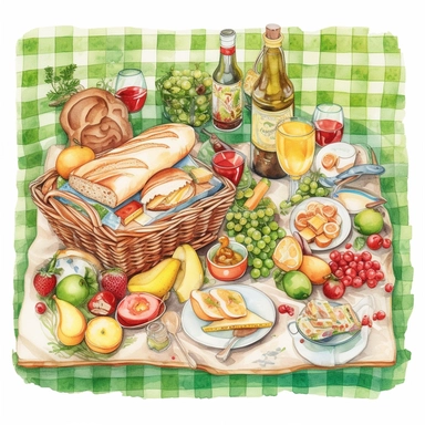 watercolor, hyper realistic, white background, white margins, 16k, ultra detailed clipart, cut out image, hand-drawn, whimsical a cozy picnic blanket spread out on lush green grass, adorned with a basket of fresh fruits, sandwiches, and refreshing drinks. The color theme consists of soft greens, warm browns, and hints of vibrant reds and yellows.