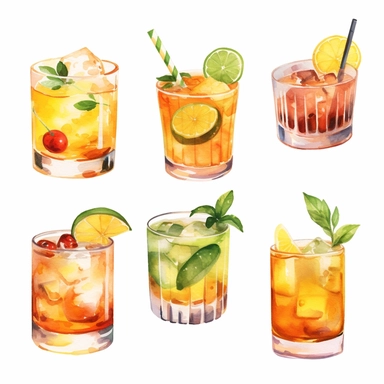 Alcohol cocktail collection. Watercolor illustration. Drinks clipart set on white background