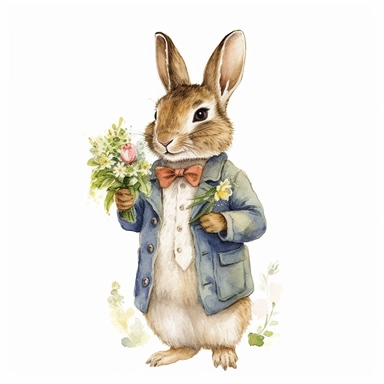 classic Beatrix potter Watercolor svg clipart of a cute adorable side view Peter rabbit illustration by Beatrix potter , pastel groom wedding suit , cottage core, png isolated on white background