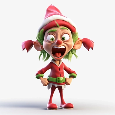 clipart of a crazy female christmas elf, there is a funny face on it, cartoon, for kids, funny, pixar, 8k, white background, sharp focus, detailed,
