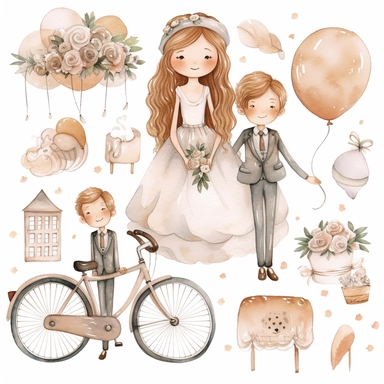 Watercolor wedding cute illustrations clipart set, simple, soft colors, cartoon elements, different variants, girl with long braids on wedding day, wedding, husband and wife, veil, garland, balloons, wedding bouquet, gold rings, wedding cake, wooden elements, they sit on a bench, on a car, on a bicycle, white transparent background, separate elements with a margin