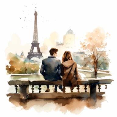 Sweet watercolor clipart of a couple sitting on a park bench in Paris, admiring the view of the Eiffel Tower.