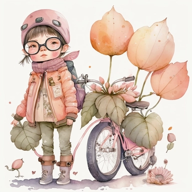watercolor, very cute little child in a pastel pink coat with lots of pockets, vintage aviator glasses, baby orange trousers holding a little vintage toy, with a backpack, on a vintage bicycle, sorounded by big lotus flowers with long stem, and some fly lanterns, clipart, white background