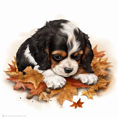 create a beautiful original high quality highly detailed watercolor clipart image of a small and adorable brown and black king charles cavalier puppy sleeping on top of a pile of autumn leaves with a beautiful fall creek setting in the background, include high detail to the leaves being crushed under the sleeping puppy, include high detail to the puppys fur, white background, no text, no font, no words