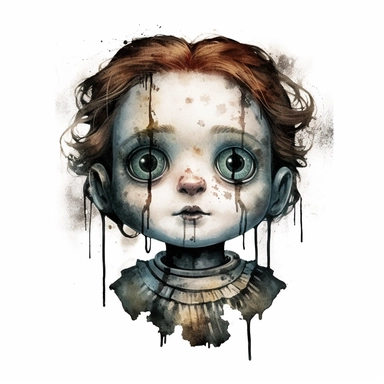 a headshot showing the scary face of a possessed doll, watercolor, ultra high-detail, dark outlines, clipart