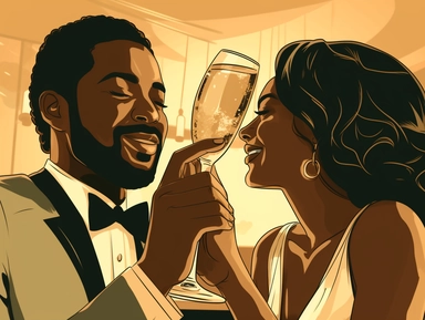 A celebratory clipart featuring a bride and groom raising their champagne flutes in a toast. The couple's expressions radiate happiness and bliss as they celebrate their union and the start of their shared journey. The clinking of glasses signifies love, prosperity, and a promising future.