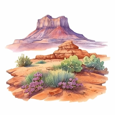 Hyperrealistic watercolor mesa and butte clipart in desert with some small shrubs in sight