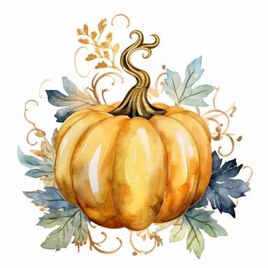 Watercolor velvet colored boho pumpkin with gold ornate watercolor sitting on leaves white background clipart 4k