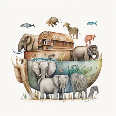 Noah's ark, watercolour illustration, 8k, clear detailed Illustration, cildrens illustration, no shadow, white background, clean background, no items in the background, svg clipart style, png, solid white background