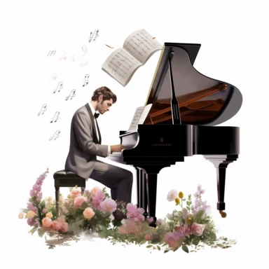 beauty man playing elegant piano, flower and a music book digital clipart on white background
