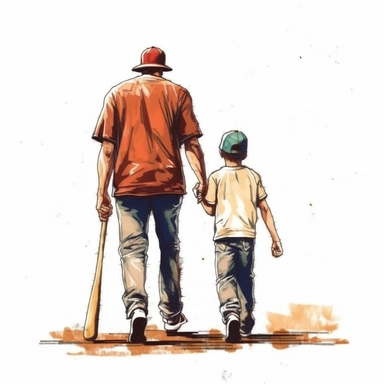 behind view, baseball dad and son with baseball bats and caps, full body, hand draw Illustration clipart, 4K, extremely detailed