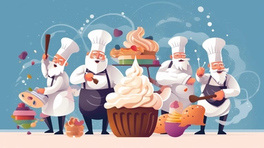 Confectioner chef composition with team of cartoon style cook characters making cupcakes from flour and dough vector clipart illustration