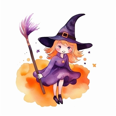 watercolor halloween clipart - watercolor cute witch on broomstick - halloween clipart, single design