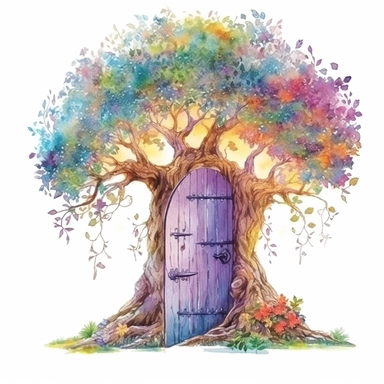watercolor magical tree door clipart, isolated on white background