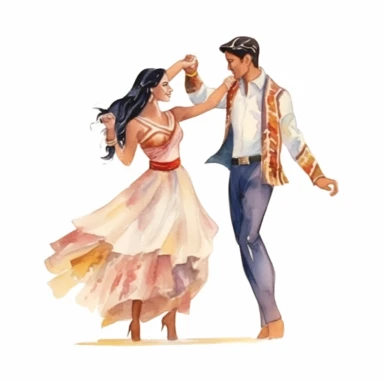 Asian bride and Indigenous groom, dancing together at the reception, graceful and elegant, watercolor, Pixar style, Clipart on a white background.