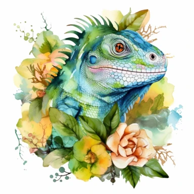 Green iguana with flowers, watercolor, sharp illustration clipart, insane detail, white background
