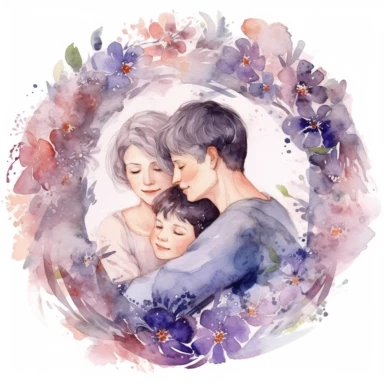 cute watercolor clipart with pale skinned older mom and adult son hugging echother in circle, beautiful, hight quality, pastel colors, white background, decorated with lilac flowers