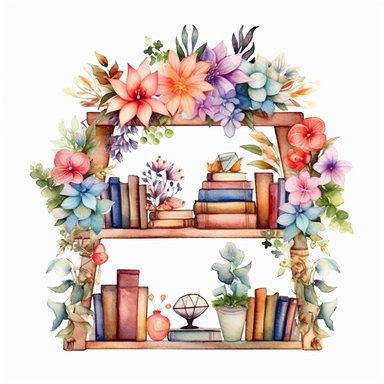 fantasy,cute,little,floral bookshelf,digital watercolor,light colors,clipart,white background