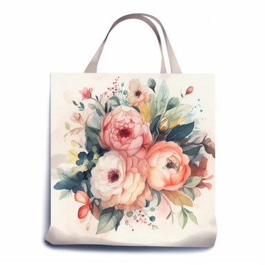 a canvas bag printing with beautiful wedding flower bouquet in watercolor ornamental style, detailed, soft, single design, no fonts, white backround,clipart