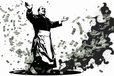 catholic bishop dancing under falling money, clipart, white background,
