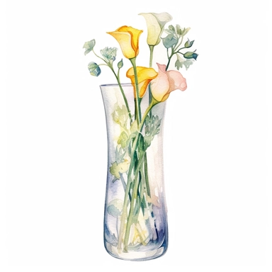 Design a dreamy watercolor clipart of frenchfarmhouse-inspired Calla lilies, ranunculus, and eucalyptus arranged in a tall glass vase composition, hand-painted with soft and graceful brushstrokes. Draw inspiration from the artistic finesse of Ethereal Petals Watercolors for a refined and ethereal depiction. isolated on a white background, hand-drawn illustration, hand-painted watercolor texture, 16k UHD resolution, intricately detailed, sharp focal points, designed by Ana Victoria Calderon and H