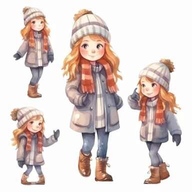 Set of watercolor cute little girl in winter clothes illustration for kids book, white backgroun, clipart, clean and crisp
