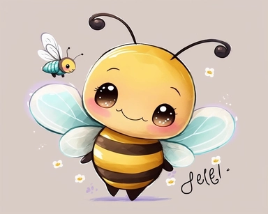 cute smiling vector bee drawing for clipart, image is on a white background, bee is the focal point hovering above a rose, he is flying through the air by himself, nursery watercolor, in the style of watercolor painting, white background, charming anime characters, cute and colorful, depiction of animals, high quality--seed 4107006010