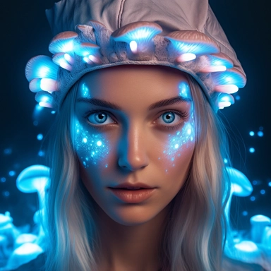silver colour High-Resolution magic Mushrooms woman, blue eyes, Fantasy clipart, neon lights , diamonds over mushroom and beautiful eyes, 8k, high texture,